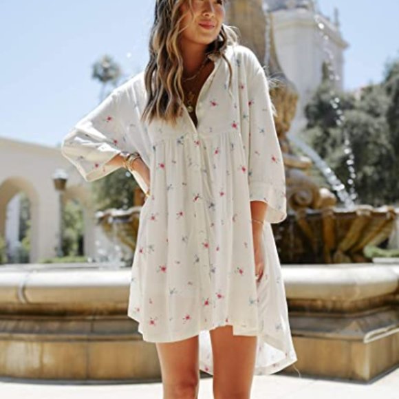 The Drop Women's White Print Loose Fit Flared Button Down Dress - Picture 1 of 6